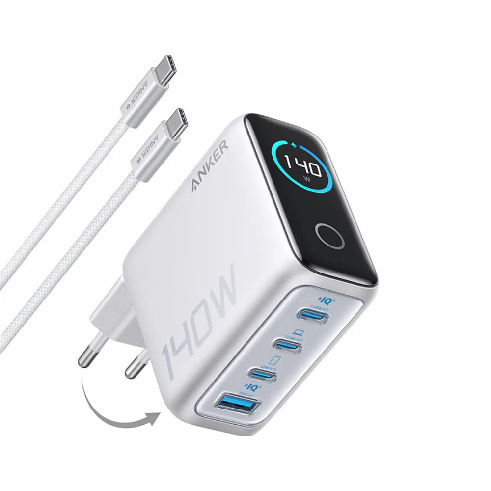 Anker Smart Digital Touch Display 140W GaN Charger Foldable Fast Charging 4 Ports with Type C Cable